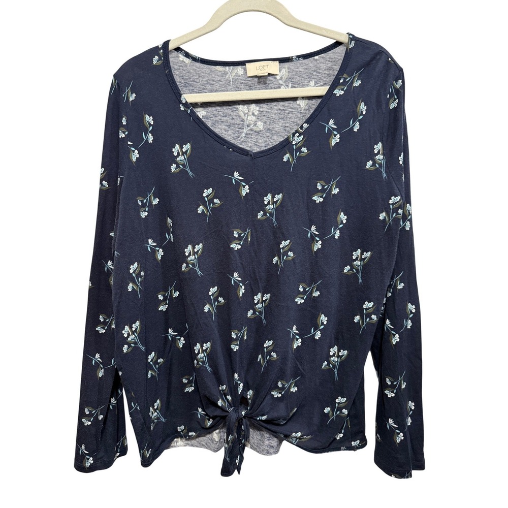 Loft Outlet XL Navy Blue Floral Long Sleeve V-Neck Tie Front Top cottagecore